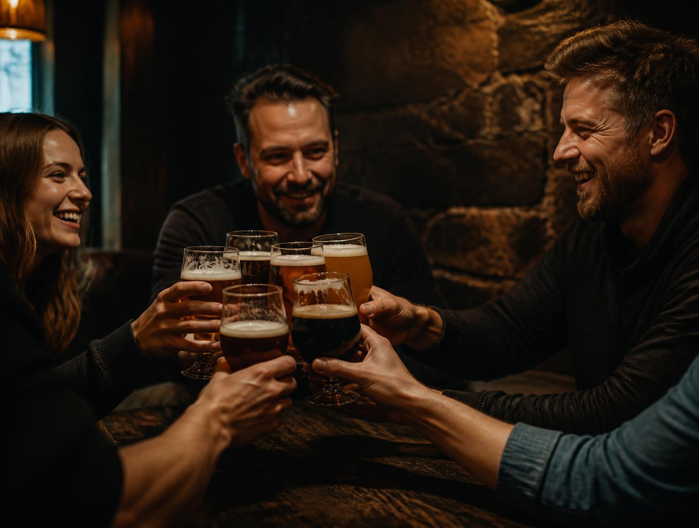 Friends sharing a selection of craft beers