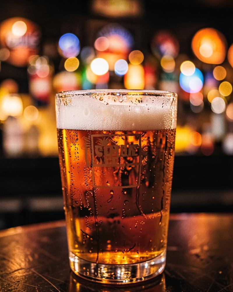 Amber craft beer in a warmly lit taproom